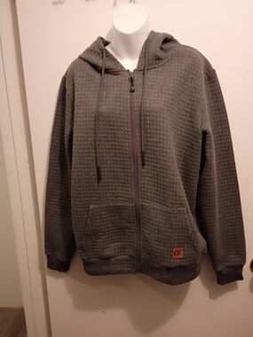 Gray Quilted Zip-Up Hoodie with Logo Patch